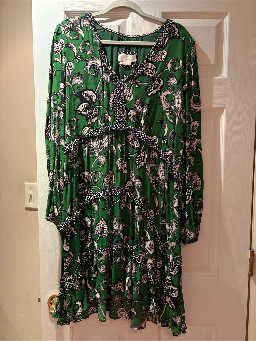 Anthropologie Green Floral Long Sleeve Tiered Dress